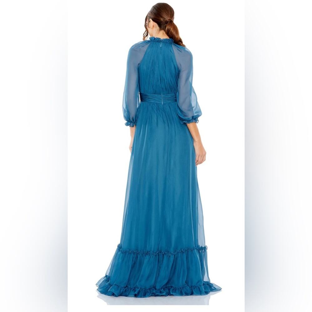 NWT Mac Duggal 68225 Chiffon Ruched Illusion Raglan Sleeve Ruffled Gown Ocean 4 - Picture 2 of 7